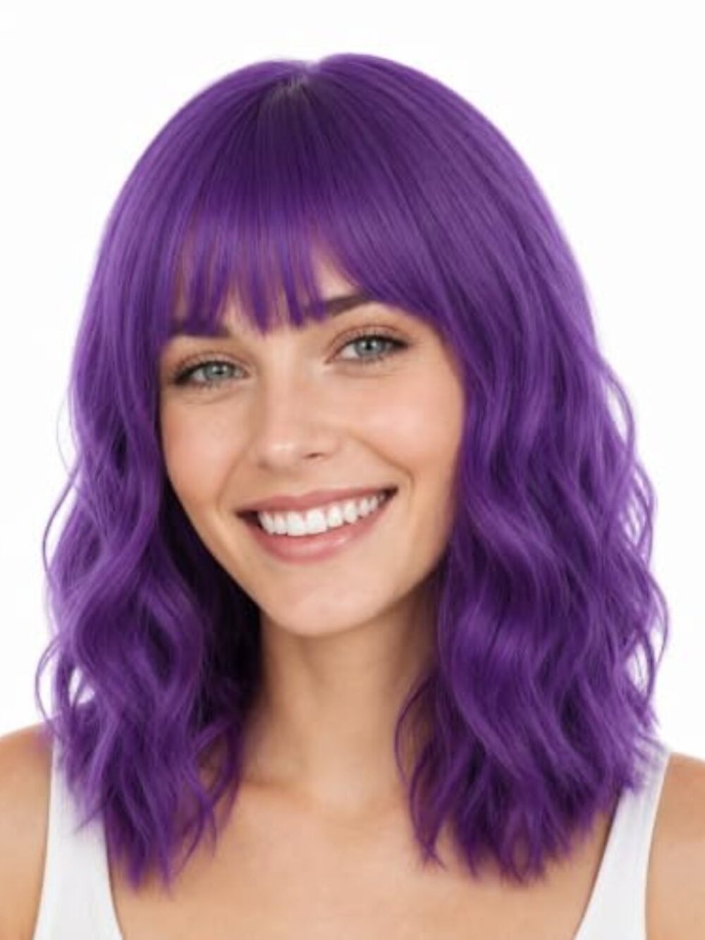 Dark Purple Wig for Women,Short Wavy Curly Bob Hair Wig with Bangs,14"